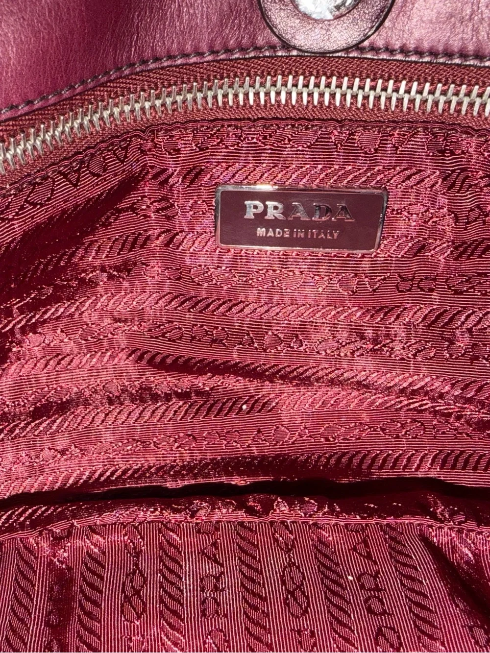 Prada Two-Tone Plum Satin Shoulder Bag with Chain Handles - Picture 7 of 14